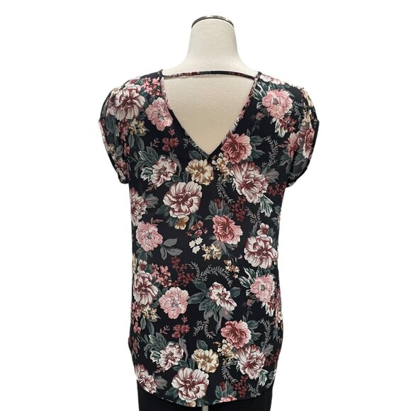 Floral V-Neck Blouse M V-Back Strap Detail Elegant Casual Fall Feminine Office - Picture 5 of 9